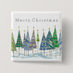 Vrolijk Kerstblauw Vakantiebomen Kunst Vierkante Button 5,1 Cm