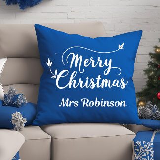 Vrolijk Kerstblauw Wit Minimal Custom Family Kussen