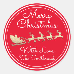 Vrolijk kerstbomen met de naam Gold RedSantaSleigh Ronde Sticker