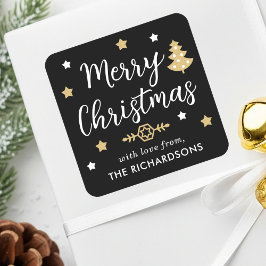 Vrolijk kerstboom aangepaste familienaam zwart gou vierkante sticker