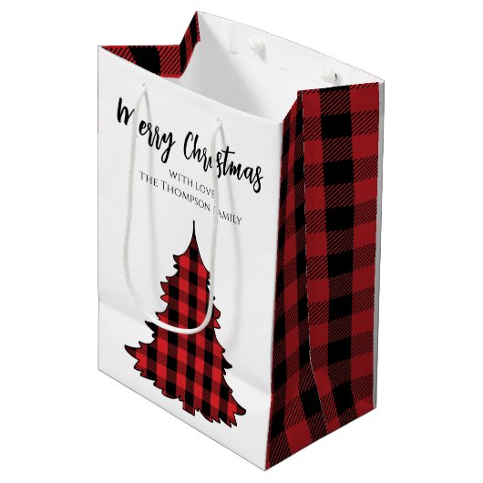 Vrolijk kerstboom eenvoudige buffel check patroon medium cadeauzakje (Voorkant Gekanteld)