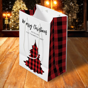 Vrolijk kerstboom eenvoudige buffel check patroon medium cadeauzakje