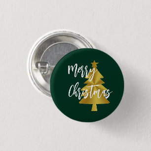 Vrolijk Kerstboom Groen Goud en Wit Script Ronde Button 3,2 Cm