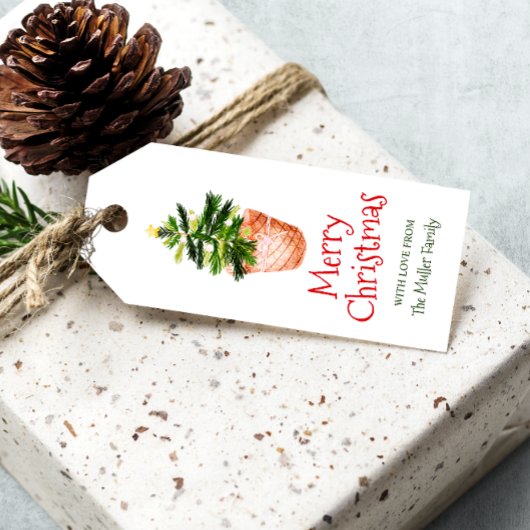 Vrolijk kerstboom mand groene waterverf cadeaulabel