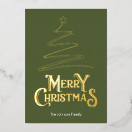 Vrolijk kerstboom olijfgroene achtergrond goud folie feestdagenkaart