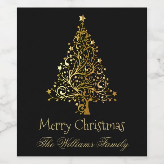 Vrolijk kerstboom zwart geel goud elegant wijn etiket (Enkel label)