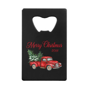 Vrolijk kerstboomjaar Red Truck Black Kredietkaart Flessenopener