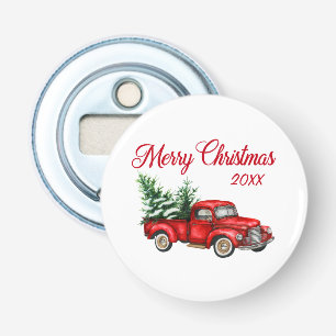 Vrolijk kerstboomjaar Rode vrachtwagen Button Flesopener