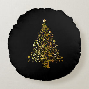 Vrolijk kerstboomsterren zwart Gold Shiny Chic Rond Kussen