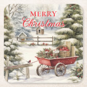  vrolijk kerstbos vierkante kartonnen onderzetter (Voorkant)