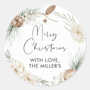 Vrolijk kerstcadeaulabel Greenery Round Sticker
