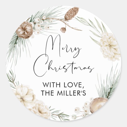 Vrolijk kerstcadeaulabel Greenery Round Sticker (Voorkant)