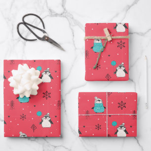 Vrolijk kerstcadeautje Happy Penguin in Petten Red Inpakpapier Vel
