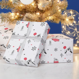 Vrolijk kerstcadeautje Happy Penguin in Petten Whi Cadeaupapier