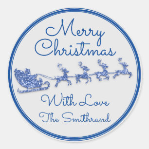 Vrolijk kerstcadeautje Sleigh Santa Deer Blue Grey Ronde Sticker