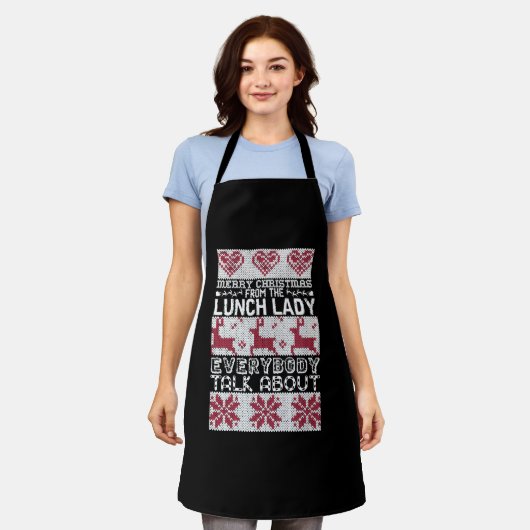 Vrolijk kerstdiner dame iedereen praat over schort (Gedragen)