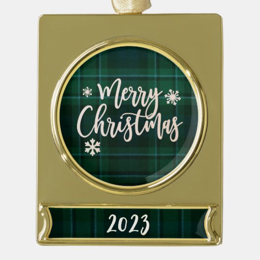 Vrolijk Kerstfeest 2023 Groen Plaid Verguld Banner Ornament (Voorkant)