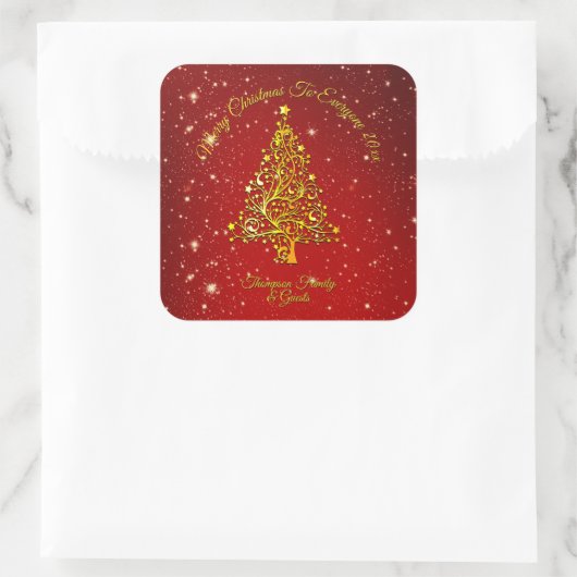Vrolijk Kerstfeest 20XX Red Gold Tree Stars Vierkante Sticker (Tas)
