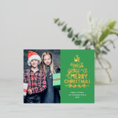 Vrolijk kerstfeest 2 foto's goud folie feestdagen briefkaart (Staand Voorkant)