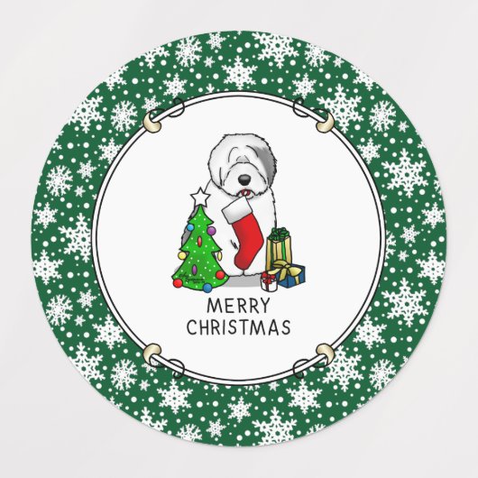 Vrolijk kerstfeest 2 Oude Engelse Sheepdog Grey 1 Labels (Design 1)