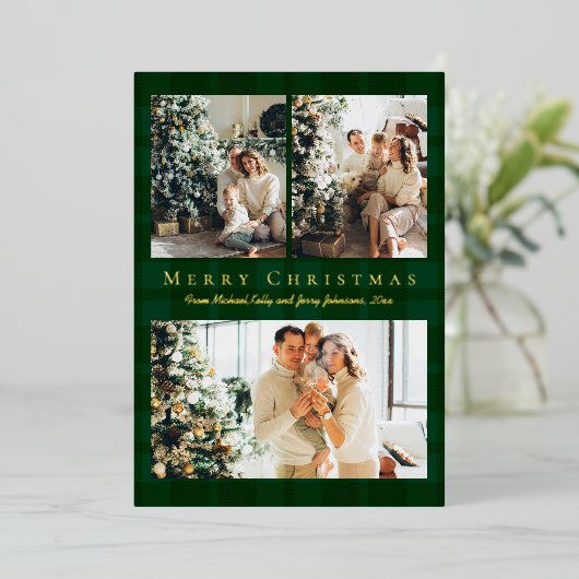 Vrolijk Kerstfeest 3 Foto's Groene Buffalo Plaid G Folie Feestdagenkaart (Staand Voorkant)