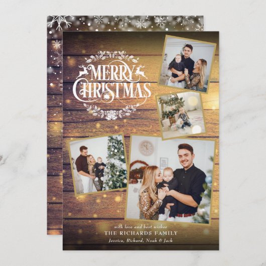 Vrolijk kerstfeest 4 Foto Collage Rustic Wood Feestdagenkaart (Voorkant / Achterkant)
