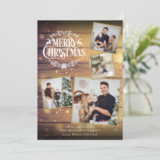 Vrolijk kerstfeest 4 Foto Collage Rustic Wood Feestdagenkaart (Staand voorkant)