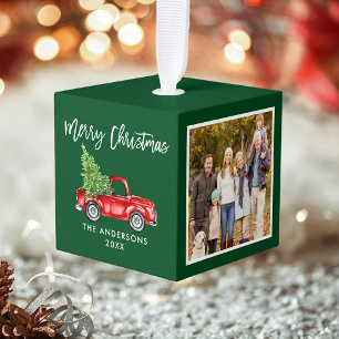 Vrolijk kerstfeest 4 Foto Red Truck Green Kubus Ornament