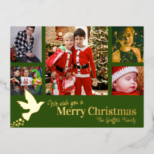 Vrolijk kerstfeest 6 foto's groene vliegduif folie feestdagen briefkaart