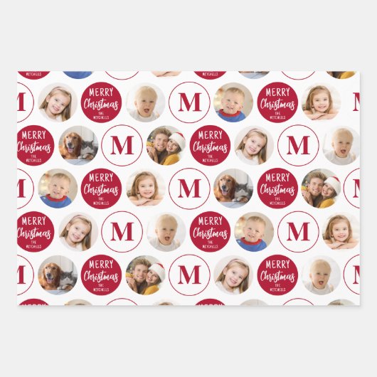 Vrolijk Kerstfeest 6 Foto's Monogram Rood Wit Inpakpapier Vel (Voorkant 3)