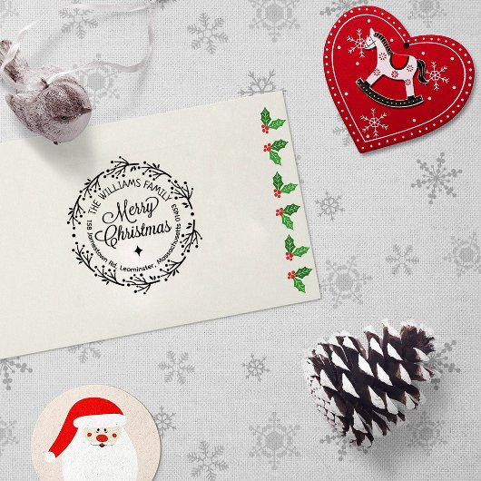Vrolijk kerstfeest, aangepaste familie retour adre 	rubberstempel
