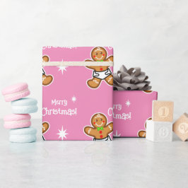 Vrolijk Kerstfeest!Baby Gingerbread op Pink-Editab Cadeaupapier