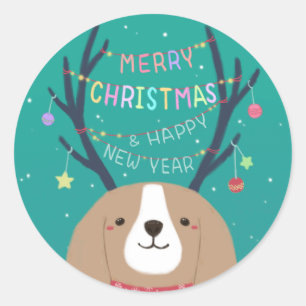 Vrolijk Kerstfeest: Beagle Illustratie Kunst Ronde Sticker