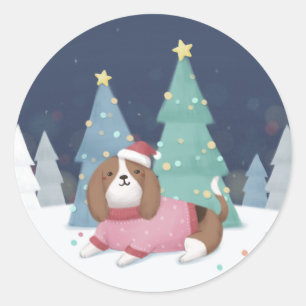 Vrolijk Kerstfeest: Beagle Illustratie Kunst Ronde Sticker