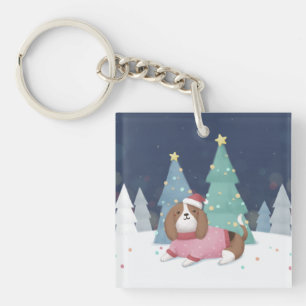 Vrolijk Kerstfeest: Beagle Illustratie Kunst Sleutelhanger