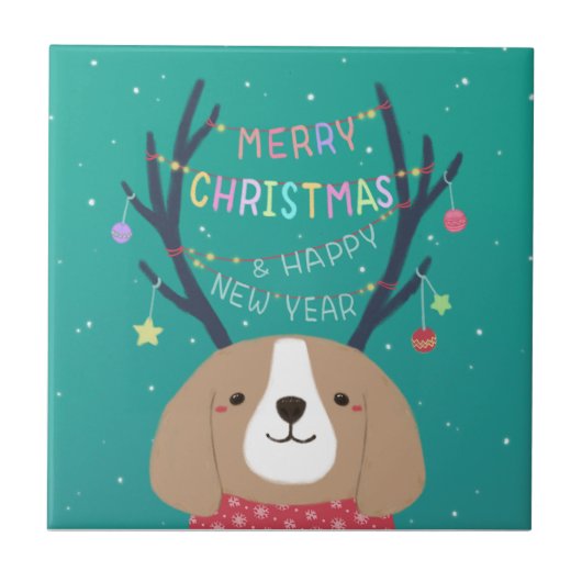 Vrolijk Kerstfeest: Beagle Illustratie Kunst Tegeltje (Voorkant)