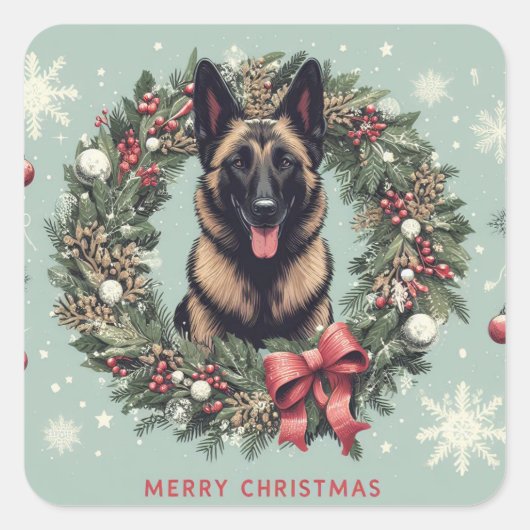 Vrolijk Kerstfeest Belgische Malinois Hond Xmas Vierkante Sticker (Voorkant)