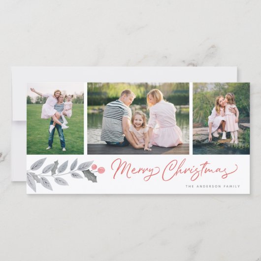 Vrolijk kerstfeest bijtende Floral 3 Foto Collage Feestdagenkaart (Voorkant)