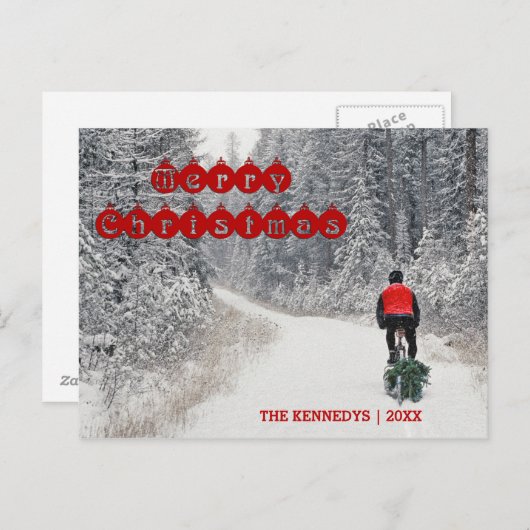 Vrolijk kerstfeest - Biker die de boom mee naar hu Feestdagenkaart (Voorkant / Achterkant)