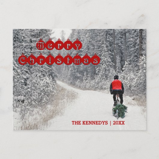 Vrolijk kerstfeest - Biker die de boom mee naar hu Feestdagenkaart (Voorkant)