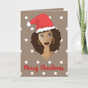 Vrolijk kerstfeest! Black Woman Santa Hat White St Kaart