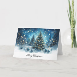 Vrolijk Kerstfeest Blauwe Bomen en Ornamenten Kaart