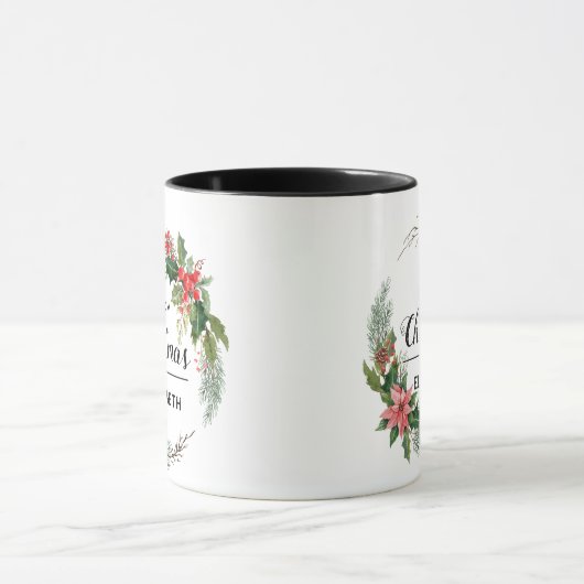 Vrolijk Kerstfeest Bloemenkrans en Script Zwart Mok (Midden)