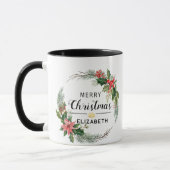 Vrolijk Kerstfeest Bloemenkrans en Script Zwart Mok (Links)