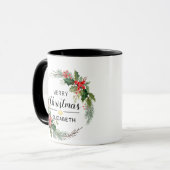 Vrolijk Kerstfeest Bloemenkrans en Script Zwart Mok (Voorkant links)