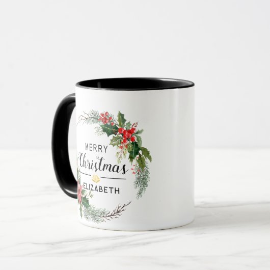Vrolijk Kerstfeest Bloemenkrans en Script Zwart Mok (Voorkant links)