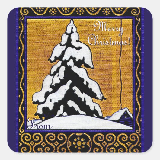 Vrolijk kerstfeest! Blue & Gold Square Sticker (Voorkant)