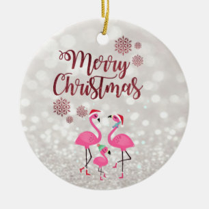 Vrolijk kerstfeest, Bokeh, Flamingos Family Santa  Keramisch Ornament