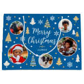 Vrolijk kerstfeest bomen Fotonaam blauw Groot Cadeauzakje (Voorkant)