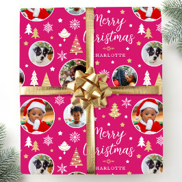 Vrolijk kerstfeest bomen Fotonaam roze Cadeaupapier